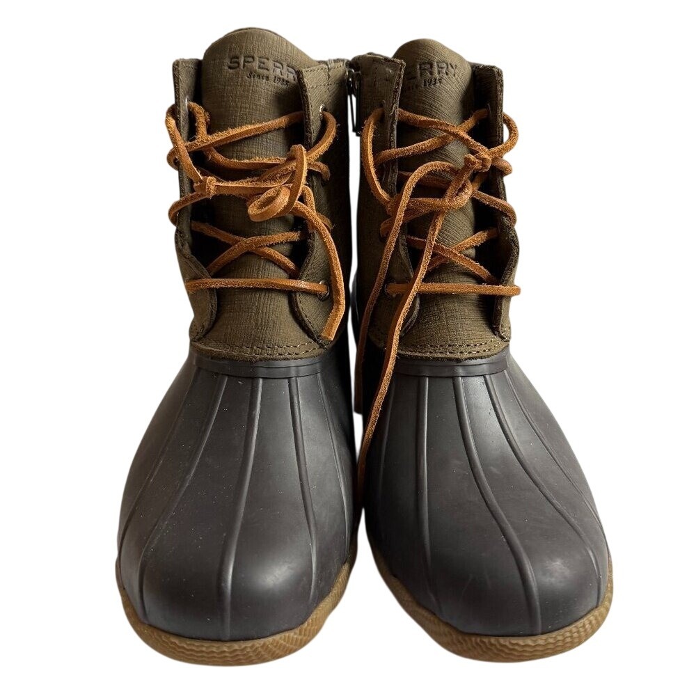 Sperry Saltwater Duck Boots 8.5 Brown Olive Green Waterproof Fleece Lining